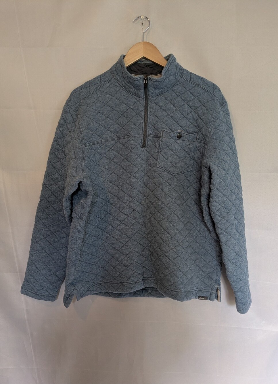Eddie Bauer Diamond Quilted Insulated Quarter Zip Pullover Sweater Blue Cotton L